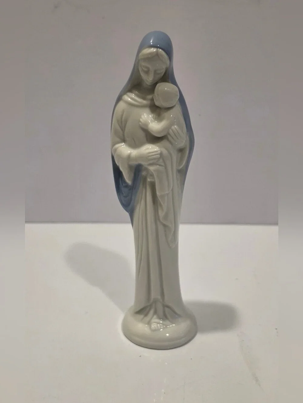 Porcelain Madonna & Child Figurine in White and Soft Blue